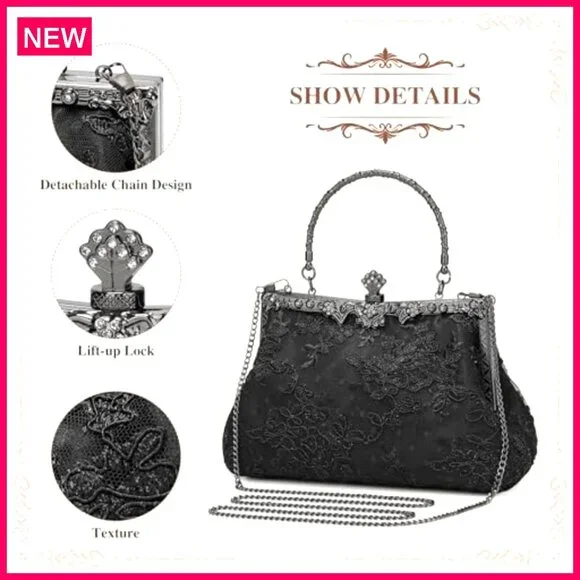 Vintage Lace Floral Clutch Evening Bag with Detachable Chain - Picture 7 of 8